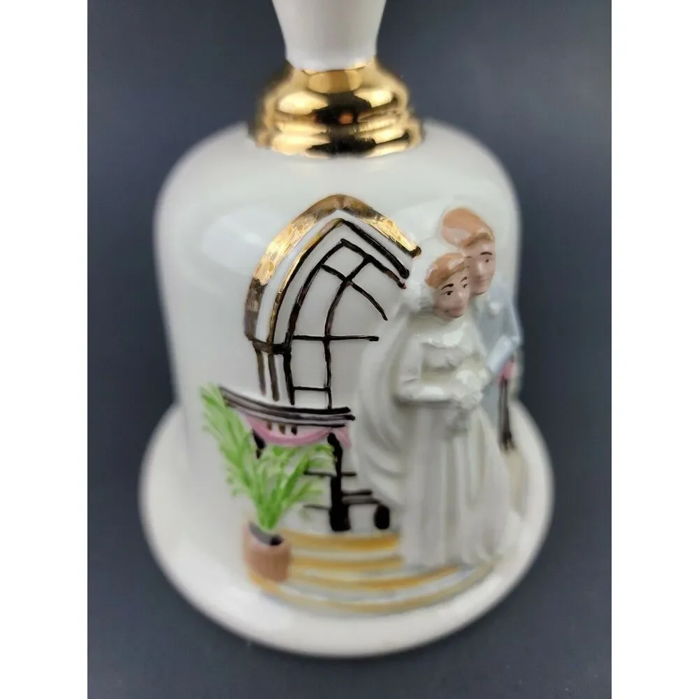 Vintage Wedding Bell Bride Groom Artisan Ceramic Porcelain Gold Trim Clapper